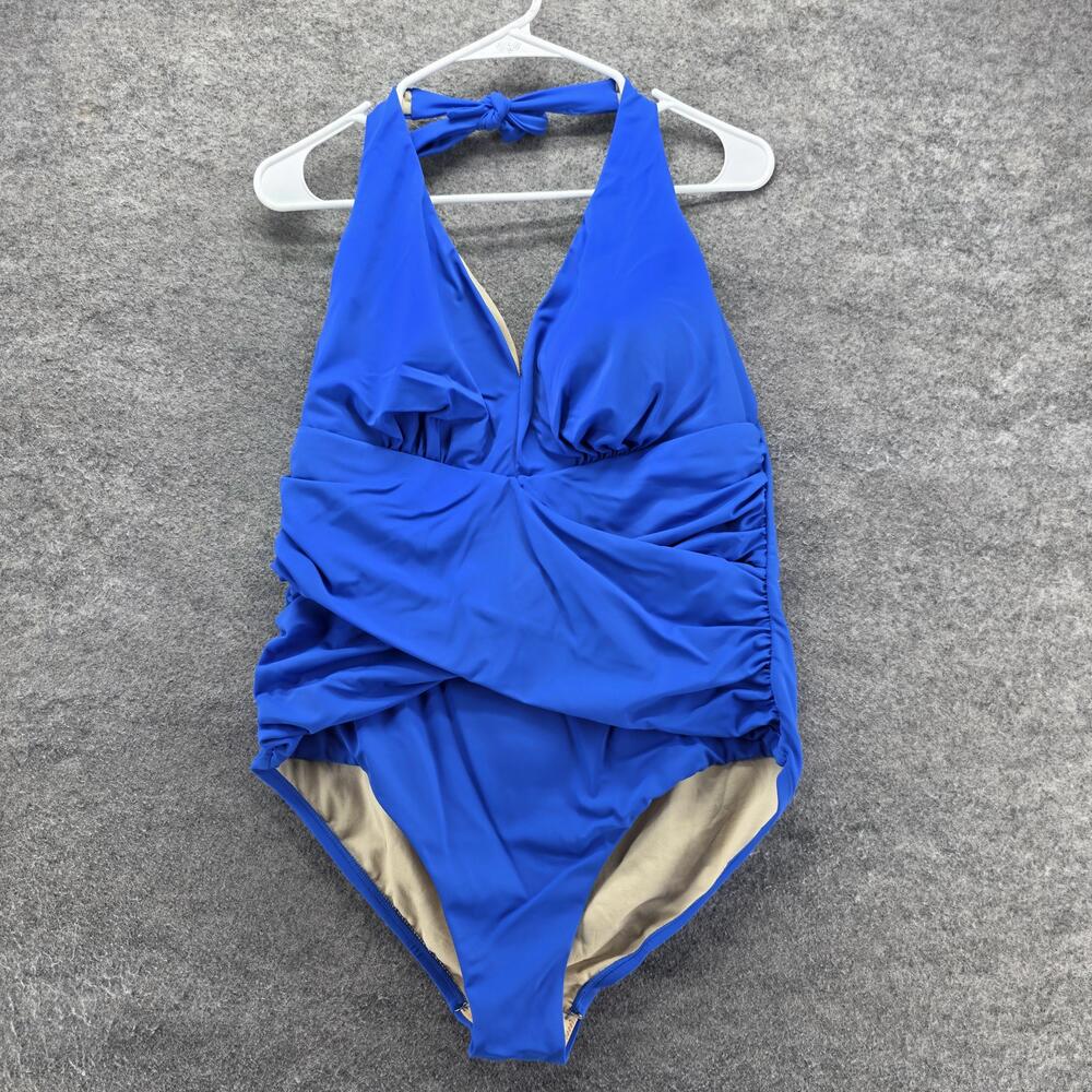 Swimsuits For All Swimsuit Womens 18 Blue One Piece Halter Ruched Padded Cups